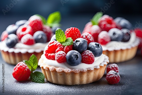 Summer fruit tartlets with curd cream on a gray backdrop topped with powdered sugar and showcasing a selective focus