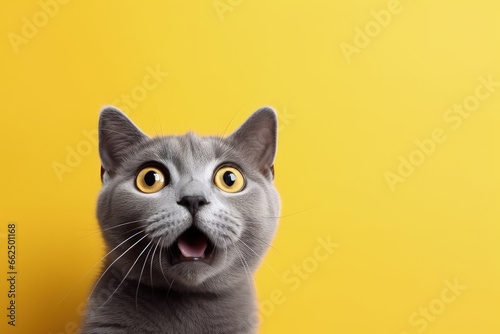 Surprised gray cat on yellow background with space for ads funny cat expression © LimeSky