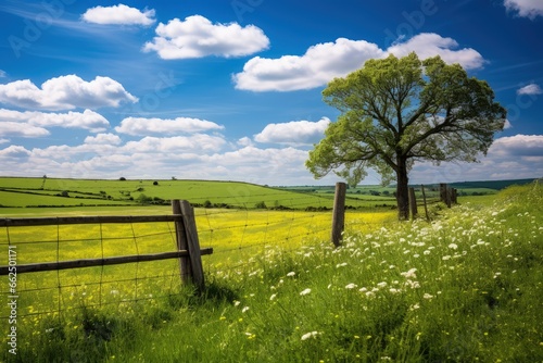 Sunny English countryside in Dorset during summer featuring green fields scattered trees wildflowers a Barb wire fence and a blue sky with a few clouds
