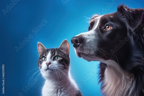 Tabby cat and border collie dog against blue gradient backdrop