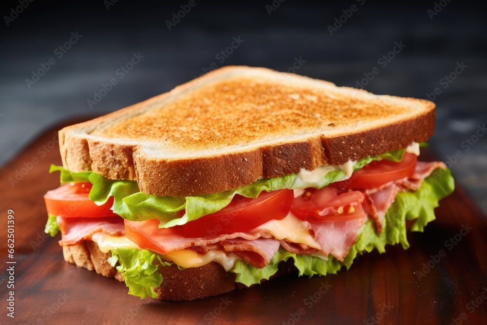 Top view of a white background with a sandwich containing ham cheese tomatoes lettuce and toasted bread