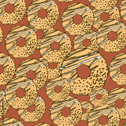 Pattern with buns, bread, hand-drawn. Vintage pastries, desserts made of wheat, coarse flour for a bakery or cafeteria. Background for cafe menu, for textiles.