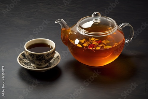 Top view of a cup of tea with teapot sugar bowl on a grey background