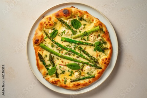 Top view of a tasty asparagus mozzarella and spinach pie on a light background ideal for snacking or as an appetizer