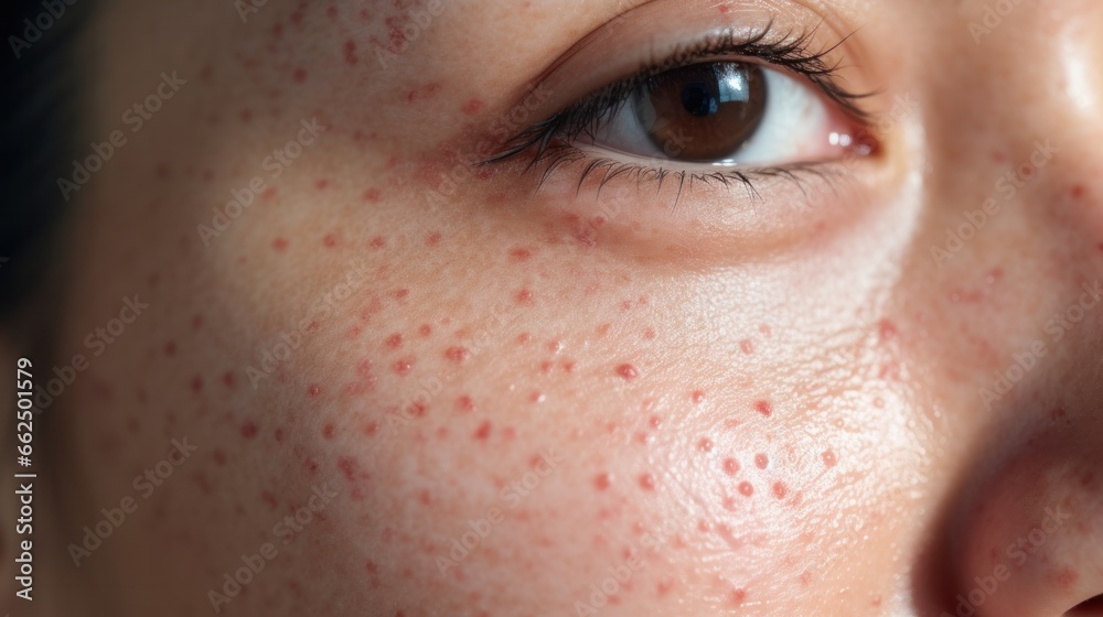 acne on woman face with rash skin, scar, and red skin syndrome allergic