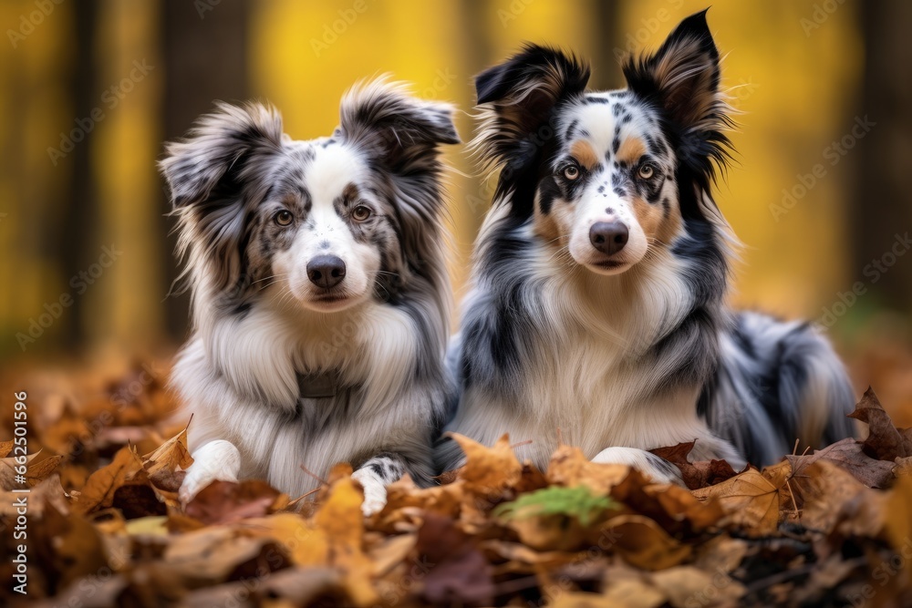 Two border collie dogs with autumn leaves surrounding them in the forest Two border collie dogs with autumn leaves surrounding them in the forest