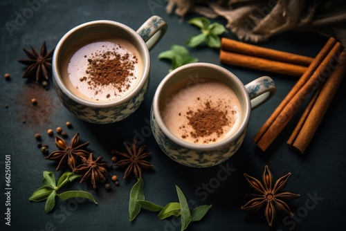Top view of traditional Indian tea with milk spices from Kerala Two cups of organic herbal drink boosts immunity in winter