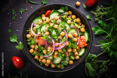 Top view of vegetarian chickpea salad in a paper bowl with tomatoes cucumber red onion cress salad and arugula High in protein and fiber zero waste dishware