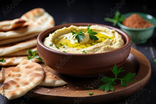 Traditional Middle Eastern cuisine featuring classic hummus with herbs paired with pita bread served in a vintage ceramic bowl and drizzled with olive oil all p