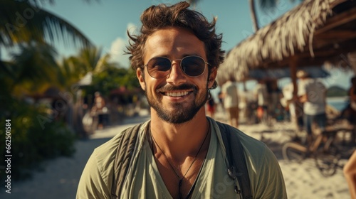 close-up shot of a good-looking male tourist. Enjoy free time outdoors near the sea on the beach. Looking at the camera while relaxing on a clear day Poses for travel selfies smiling happy tropical #662501584