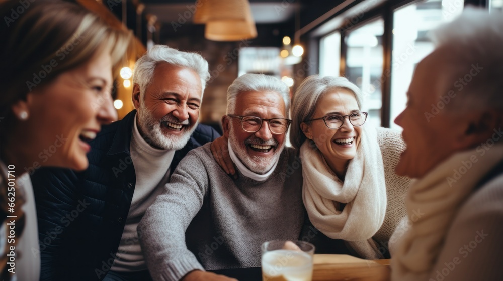 A group of old friends, meeting after years, sharing warm hugs and laughs in a cozy cafe, highlighting friendship and connection.