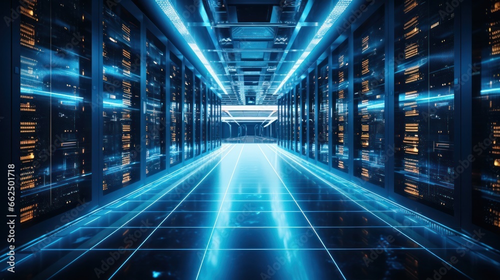 Shot of Corridor in Working Data Center Full of Rack Servers and Supercomputers with Internet connection Visualization Projection, technology, digital, futuristic, future, Shot of Corridor in Working Data Center Full of Rack Servers and Supercomputers with Internet connection Visualization Projection, technology, digital, futuristic, future,