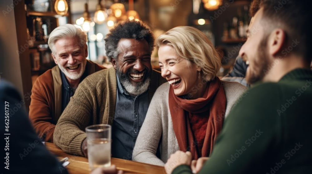 A group of old friends, meeting after years, sharing warm hugs and laughs in a cozy cafe, highlighting friendship and connection.