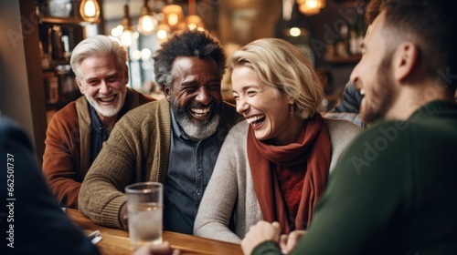 A group of old friends, meeting after years, sharing warm hugs and laughs in a cozy cafe, highlighting friendship and connection.