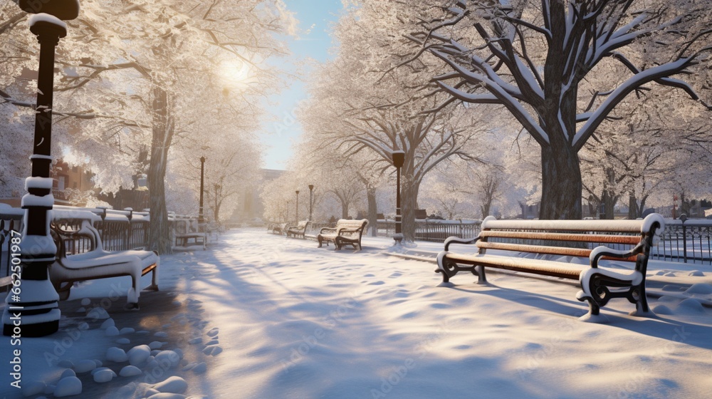 Winter park bathed in sunlight, snow-covered benches and paths creating a serene outdoor haven. Winter park bathed in sunlight, snow-covered benches and paths creating a serene outdoor haven.