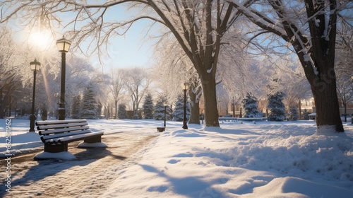 Winter park bathed in sunlight, snow-covered benches and paths creating a serene outdoor haven.