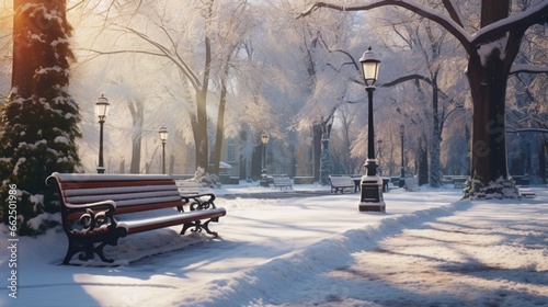 Winter park bathed in sunlight, snow-covered benches and paths creating a serene outdoor haven. © Nasreen