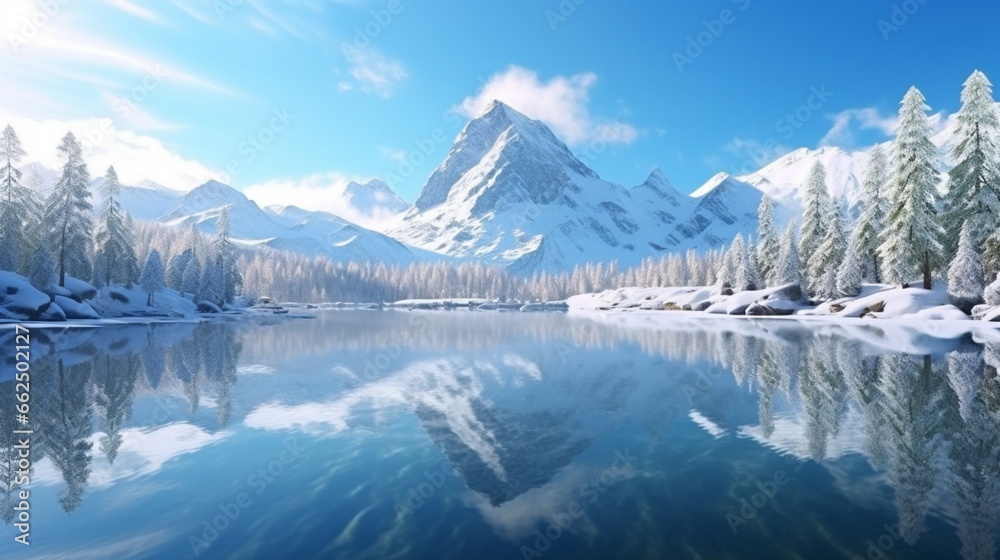 Winter reflections in a mountain lake, with snow-capped peaks mirrored on the calm waters, creating a breathtaking and symmetrical wintry panorama.