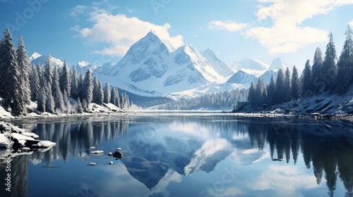 Winter reflections in a mountain lake, with snow-capped peaks mirrored on the calm waters, creating a breathtaking and symmetrical wintry panorama.