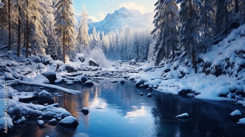 Winter reflections in an icy mountain stream  with snow-covered rocks and trees mirrored in the clear water  creating a pristine and untouched wintry landscape.