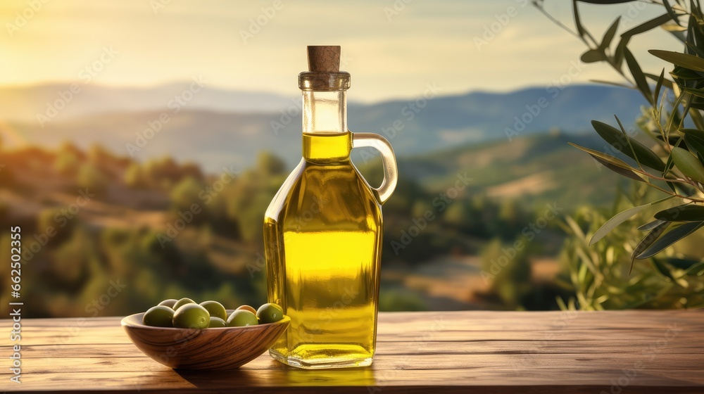 glass bottle with green olive oil overlooking hills with olive trees. oil for cooking. healthy oil. glass bottle with green olive oil overlooking hills with olive trees. oil for cooking. healthy oil.