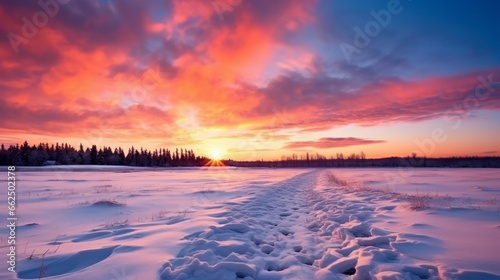 Winter sunset over a snow-covered field, the sky ablaze with hues of pink, orange, and gold, casting a warm glow on the serene landscape.