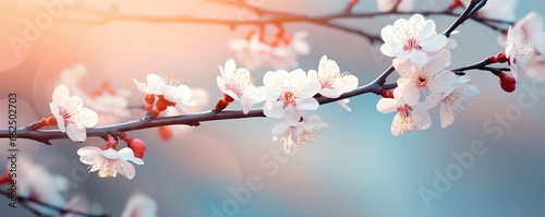 Banner with white cherry flowers on light blue background. Greeting card template for wedding, mothers or woman day. Springtime composition with copy space 