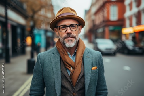 Portrait of a senior man wearing a hat and coat in the city.