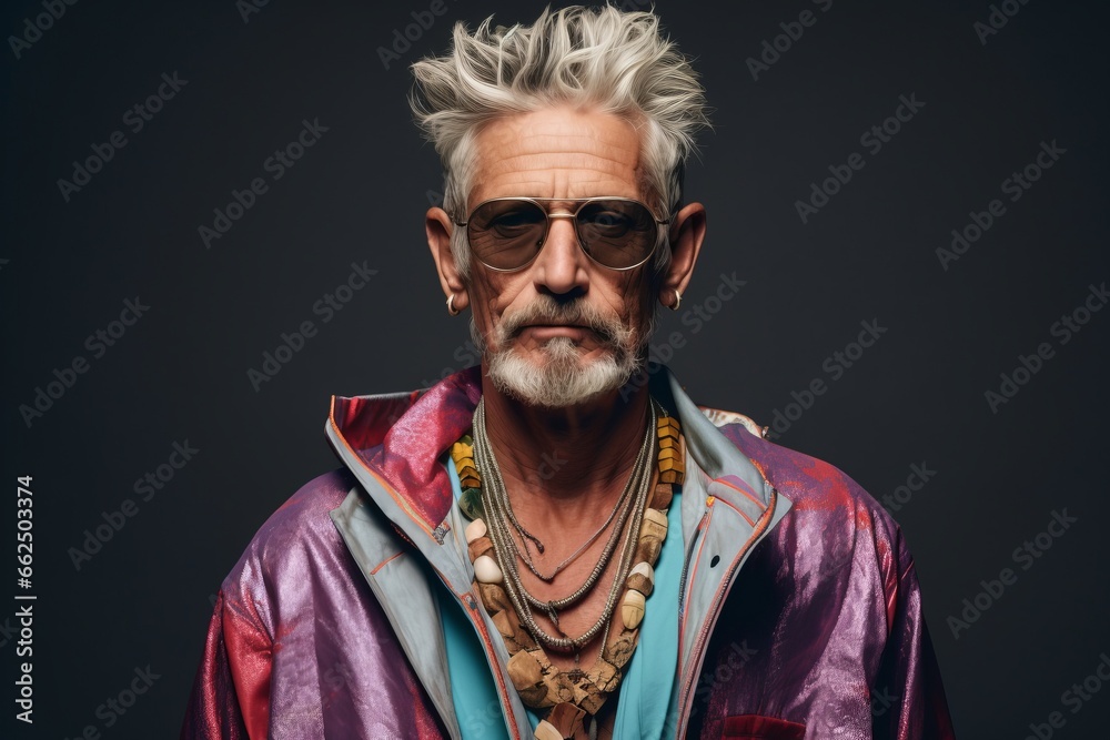 Portrait of a stylish senior man in sunglasses and a colorful jacket. Portrait of a stylish senior man in sunglasses and a colorful jacket.