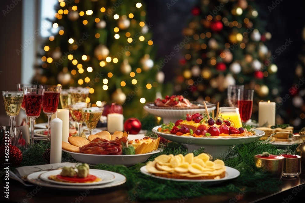The Yuletide banquet displayed on the table, complemented by the presence of the Christmas tree in the background