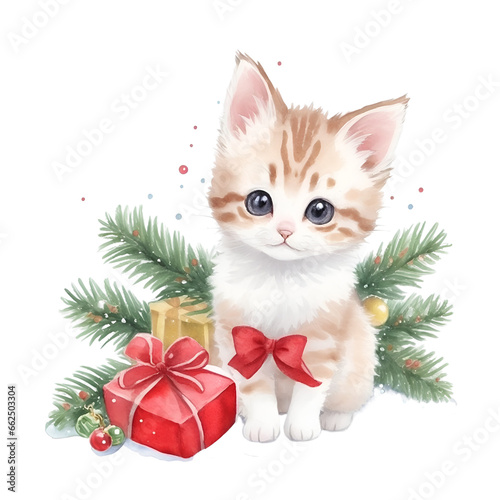 Christmas Cat, Kitten Gift, Watercolor Style