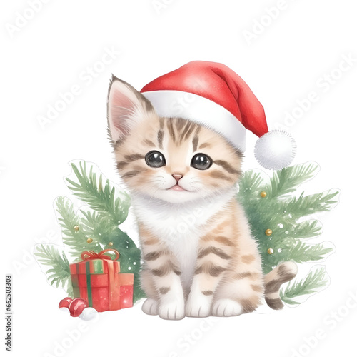Christmas Cat, Santa Kitten, Watercolor Style © MANTANOTE