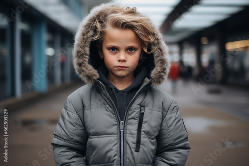 A portrait of a little boy in a winter jacket on the street
