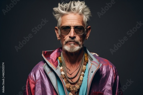 Portrait of a stylish senior man in sunglasses and a colorful jacket.