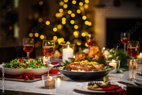 The Yuletide banquet displayed on the table  complemented by the presence of the Christmas tree in the background