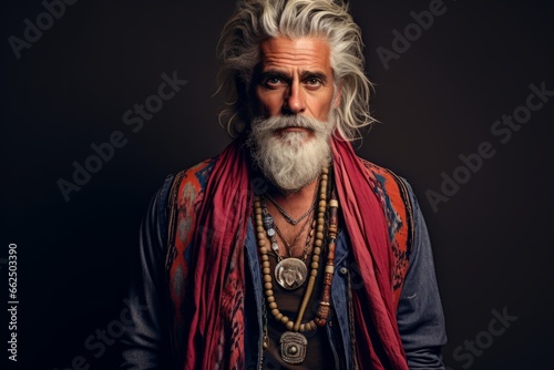 Portrait of a handsome senior man with long white beard and mustache wearing traditional indian costume.