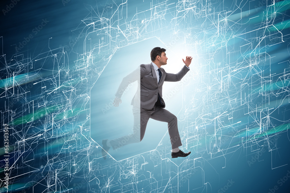 Businessman entering virtual world in business concept Businessman entering virtual world in business concept
