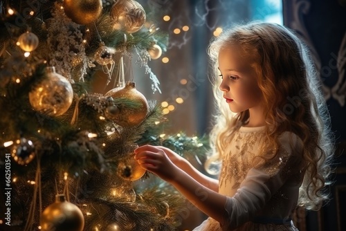 little girl decorates the Christmas tree with decorations