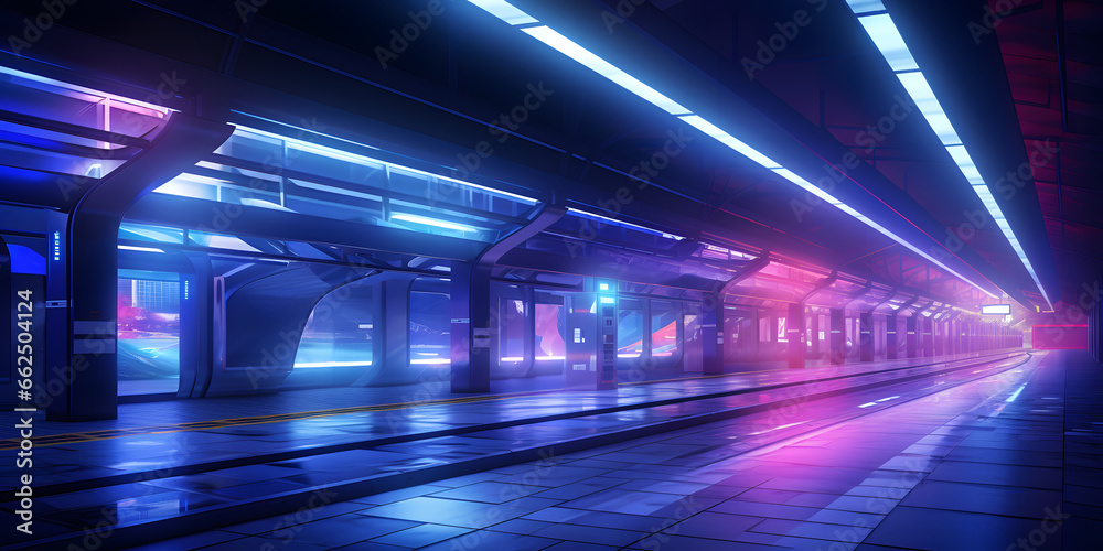 A modern subway station is transformed into a vision, bathed in the glow of neon lights that cast vibrant hues of purple and blue across the sleek platform