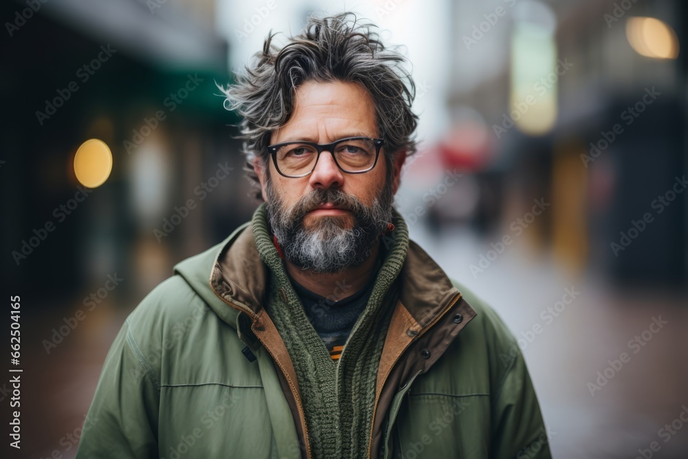 Portrait of a bearded man with eyeglasses in the city