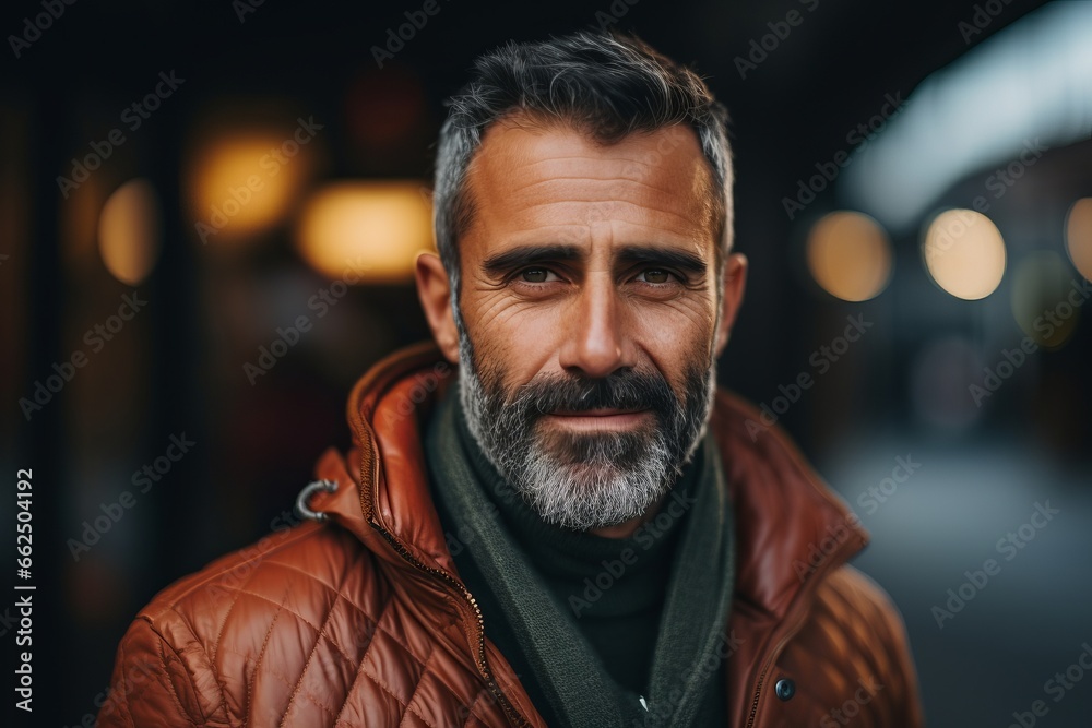 Portrait of a handsome mature man with beard and mustache in a brown leather jacket. Portrait of a handsome mature man with beard and mustache in a brown leather jacket.
