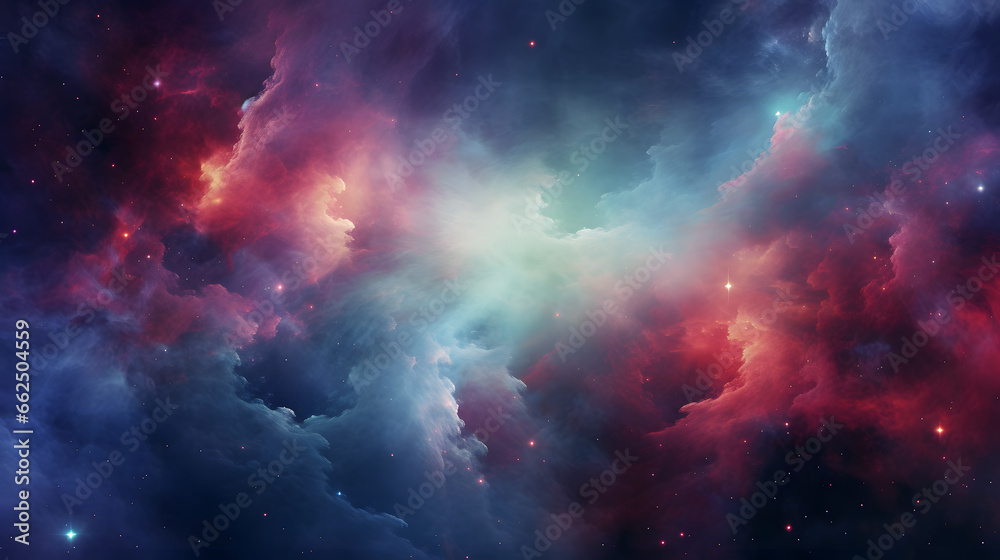 Fototapeta premium Cosmic Nebula Clouds in Deep Space, cosmic nebula clouds, swirling with rich blues, purples, and pinks, resembling a deep space celestial phenomenon