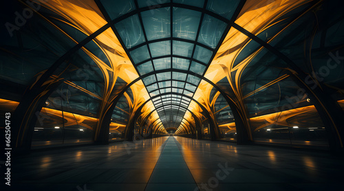 The symmetrical architectural beauty of a glass corridor, with its reflective floor and warm, glowing ceiling panels, creates a perspective of depth and modern design © MAJGraphics