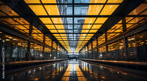 The symmetrical architectural beauty of a glass corridor, with its reflective floor and warm, glowing ceiling panels, creates a perspective of depth and modern design photo