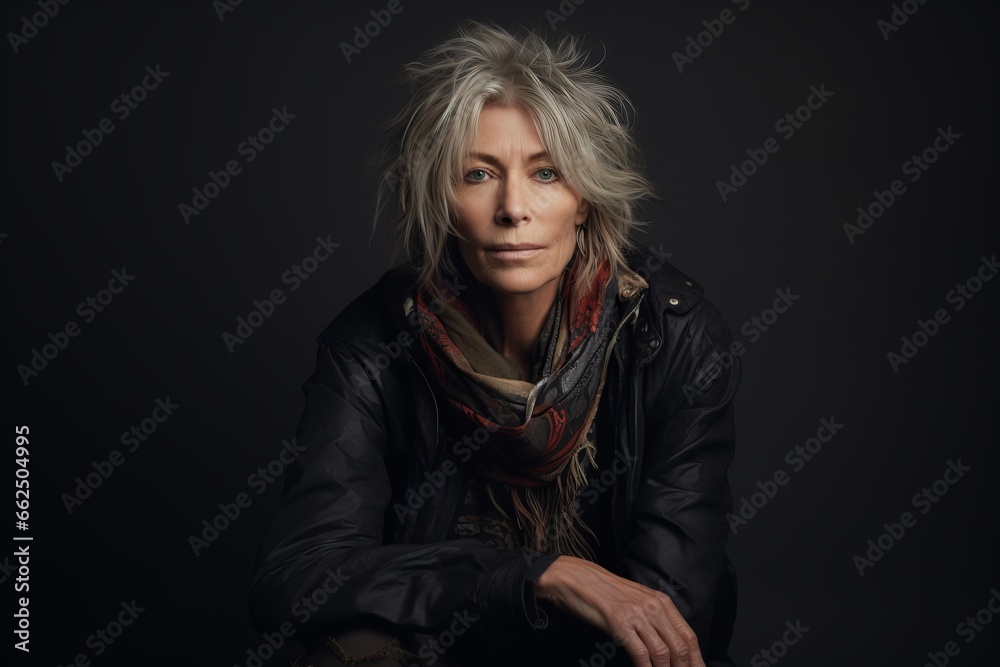 Portrait of a beautiful mature woman in a black jacket and scarf.
