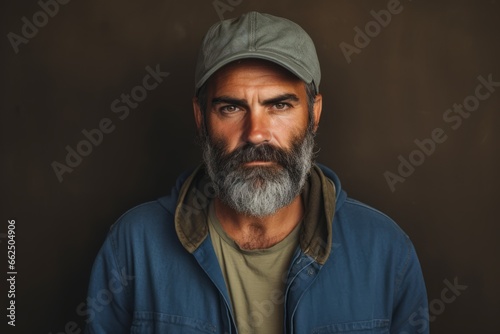 A portrait of a bearded hipster man wearing a cap and looking at the camera.