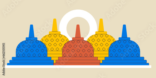 Borobudur temple vector illustration of stupa budhist colorful monument Java Indonesia travel landmark