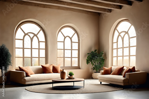 loft-home-interior-design-of-modern-living-room-beige-sofa-with-terra-cotta-pillows-against-arched Generative AI