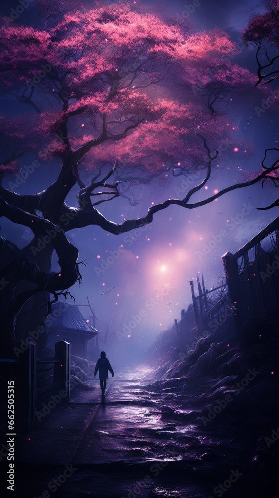 Obraz premium Enchanted Nighttime Stroll Through Illuminated Nature