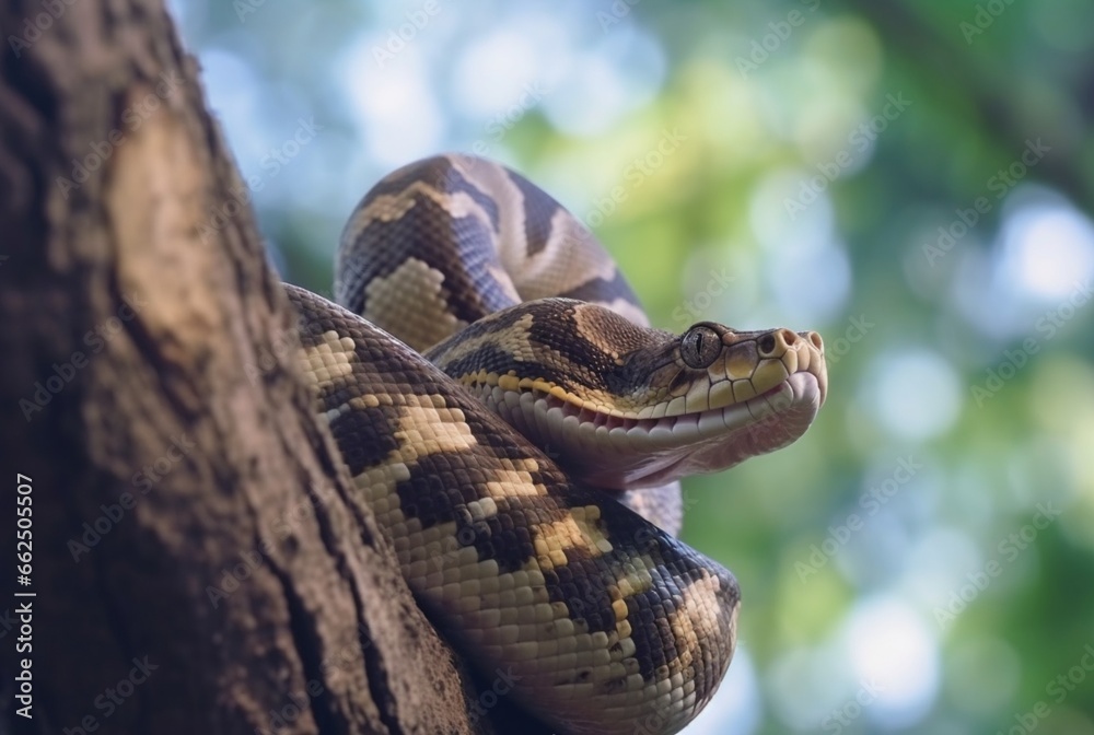 closeup of python on tree with blurred background. generative ai closeup of python on tree with blurred background. generative ai